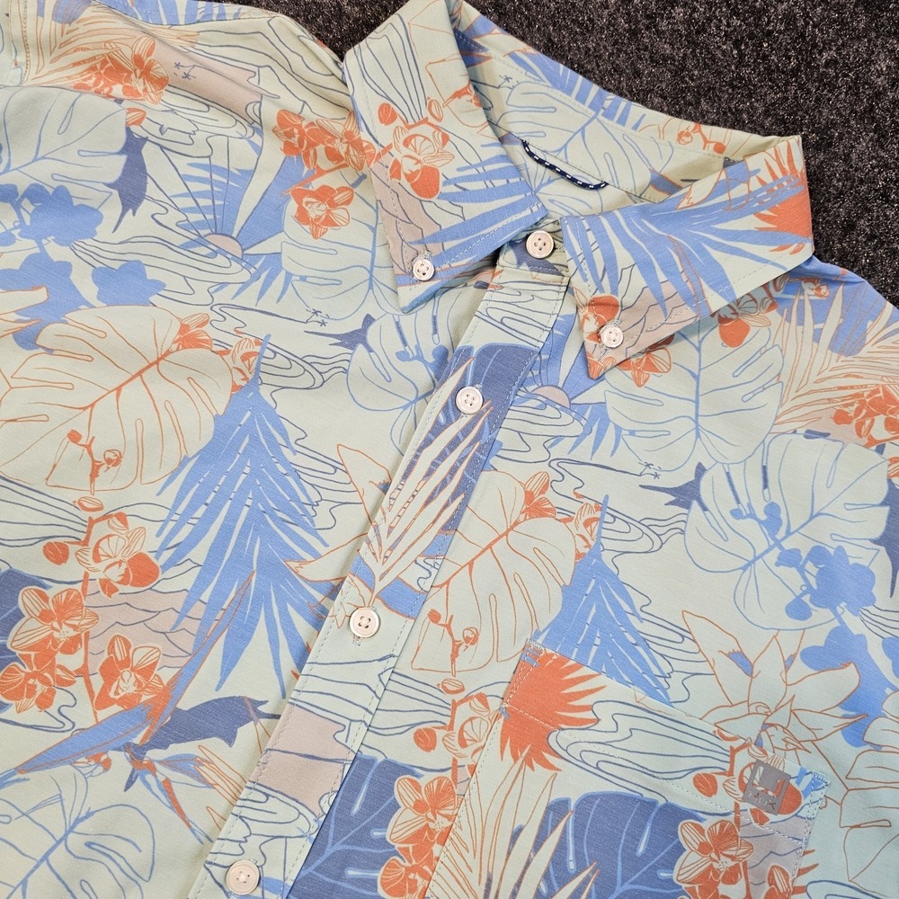 Huk Fishing XL Button Front Shirt Blue Orange Tropical Floral Stretch Mens AOP